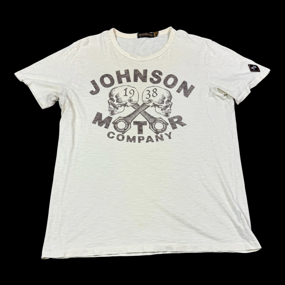 Johnson Motors 1938 Skull Wrench Motorcycle White Shirt Men's Large